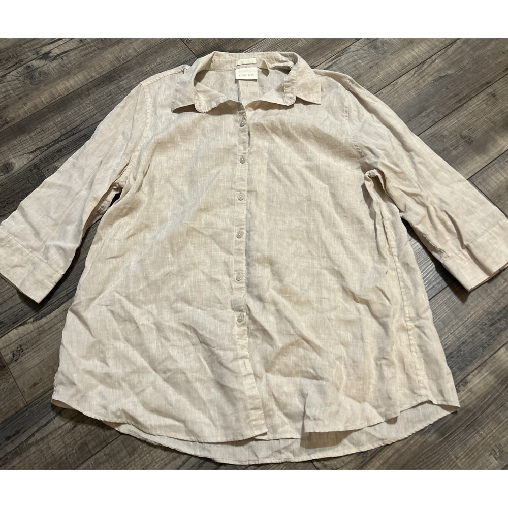 Chico's No Iron Linen Button-down Shirt Tan 3 Sz XL Blouse Top 3/4 Sleeve
